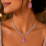 Rhodium Plated Designer Teardrop Pendant & Matching Earrings, with Leaf Drop Pattern, Necklace Set