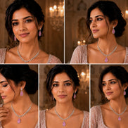 Rhodium Plated Designer Teardrop Pendant & Matching Earrings, with Leaf Drop Pattern, Necklace Set