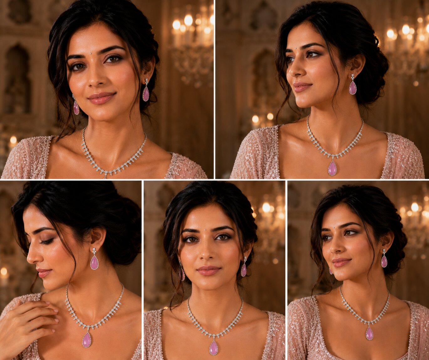 Rhodium Plated Designer Teardrop Pendant & Matching Earrings, with Leaf Drop Pattern, Necklace Set