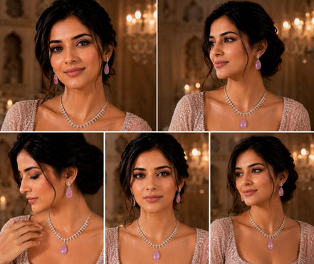 Rhodium Plated Designer Teardrop Pendant & Matching Earrings, with Leaf Drop Pattern, Necklace Set