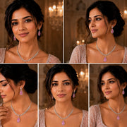 Rhodium Plated Designer Teardrop Pendant & Matching Earrings, with Leaf Drop Pattern, Necklace Set