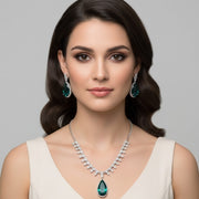 Rhodium Plated Designer Teardrop Pendant & Matching Earrings, with Leaf Drop Pattern, Necklace Set