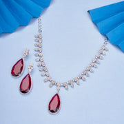 Rhodium Plated Designer Teardrop Pendant & Matching Earrings, with Leaf Drop Pattern, Necklace Set