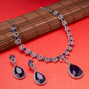 Rhodium Plated Teardrop Pendant & Matching Earrings, with Curved Leaf Pattern,  Designer Necklace Set