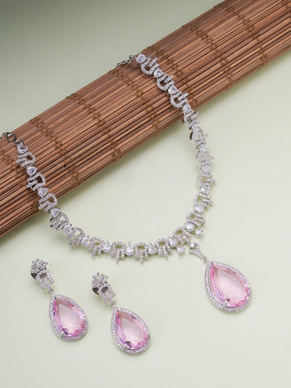Rhodium Plated Teardrop Pendant & Matching Earrings, with Curved Leaf Pattern,  Designer Necklace Set