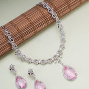Rhodium Plated Teardrop Pendant & Matching Earrings, with Curved Leaf Pattern,  Designer Necklace Set
