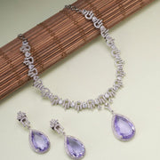 Rhodium Plated Teardrop Pendant & Matching Earrings, with Curved Leaf Pattern,  Designer Necklace Set