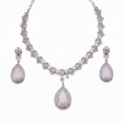Rhodium Plated Teardrop Pendant & Matching Earrings, with Curved Leaf Pattern,  Designer Necklace Set