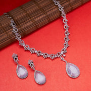 Rhodium Plated Teardrop Pendant & Matching Earrings, with Curved Leaf Pattern,  Designer Necklace Set