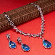 Rhodium Plated Teardrop Pendant & Matching Earrings, with Curved Leaf Pattern,  Designer Necklace Set