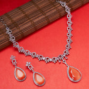 Rhodium Plated Teardrop Pendant & Matching Earrings, with Curved Leaf Pattern,  Designer Necklace Set