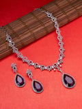 Rhodium Plated Teardrop Pendant & Matching Earrings, with Curved Leaf Pattern,  Designer Necklace Set