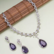 Rhodium Plated Teardrop Pendant & Matching Earrings, with Curved Leaf Pattern,  Designer Necklace Set