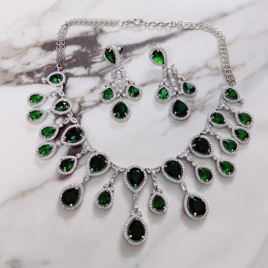 Opal Touch - Enchanted Emerald Elegance Necklace in Rhodium - Necklace