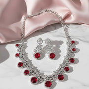 Rhodium Plated Square Stone Drops  & Floral Leaf Pattern Designer Necklace Set with Matching Earrings