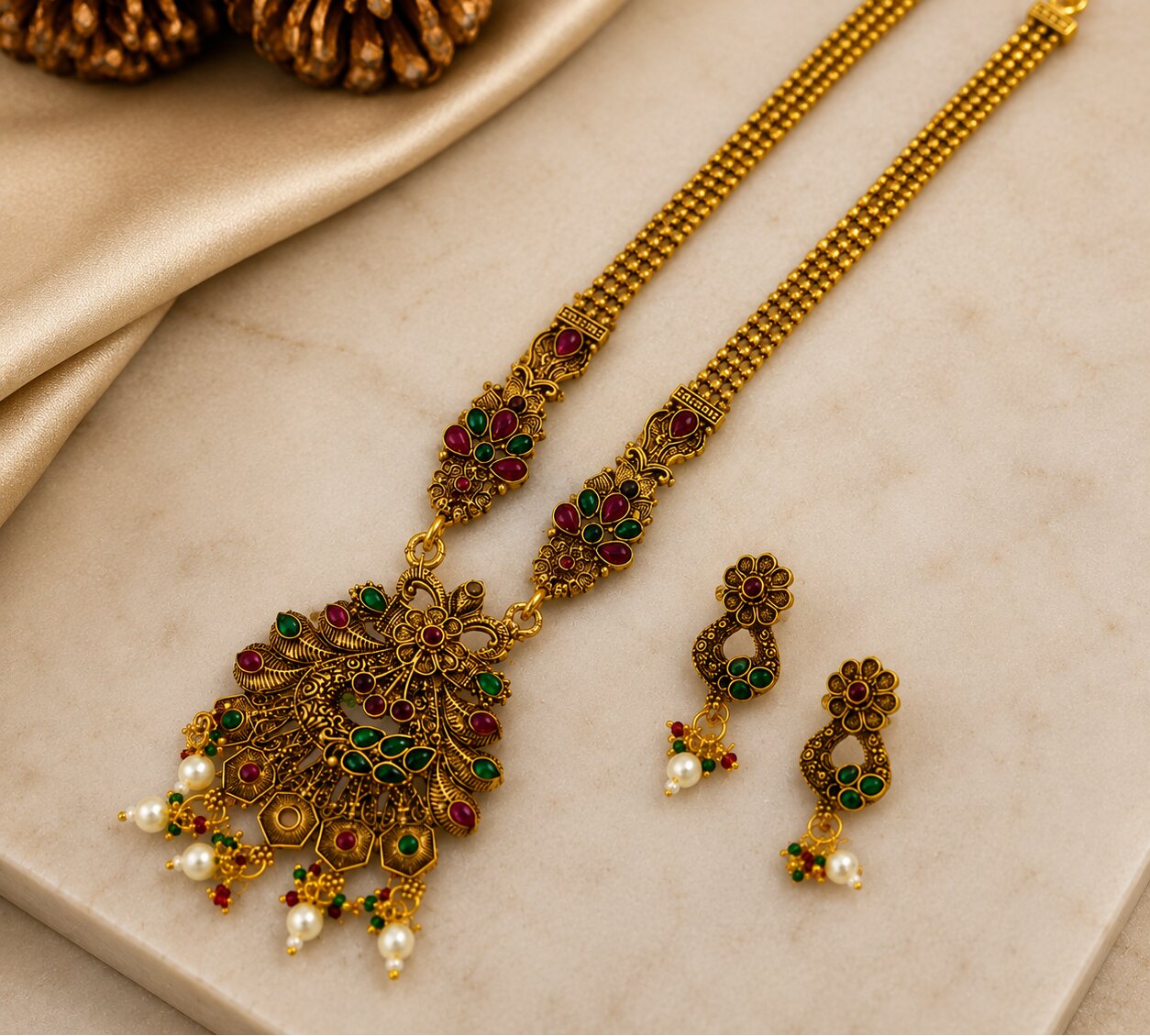 Matte Black Peacock Temple Design Necklace Set