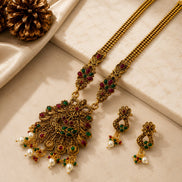 Matte Black Peacock Temple Design Necklace Set
