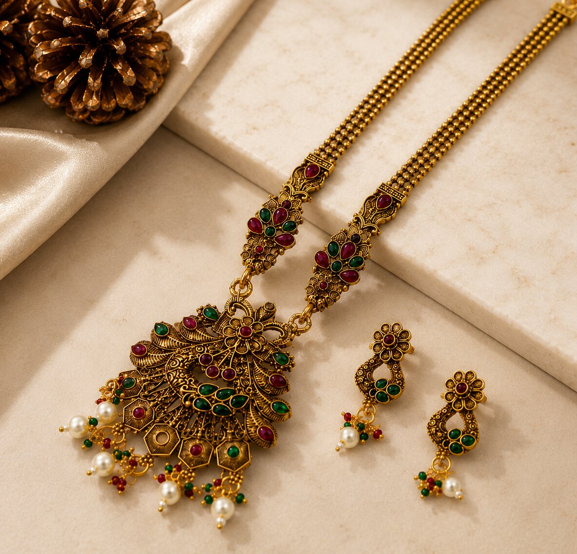 Matte Black Peacock Temple Design Necklace Set