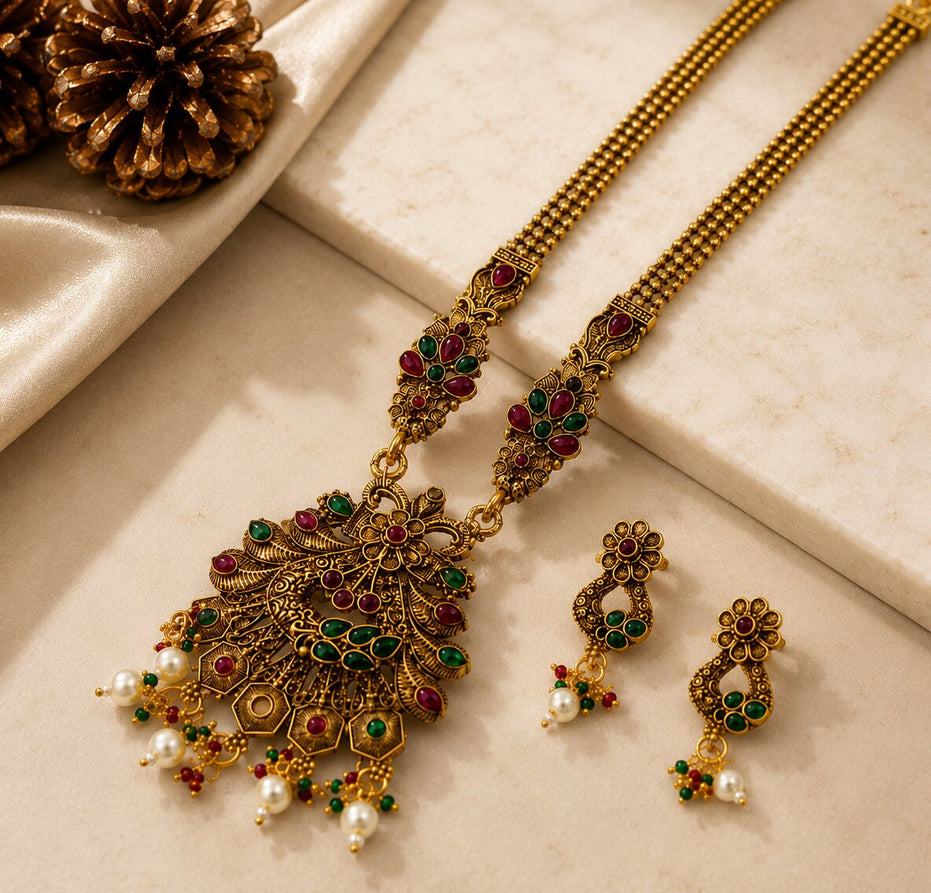 Matte Black Peacock Temple Design Necklace Set
