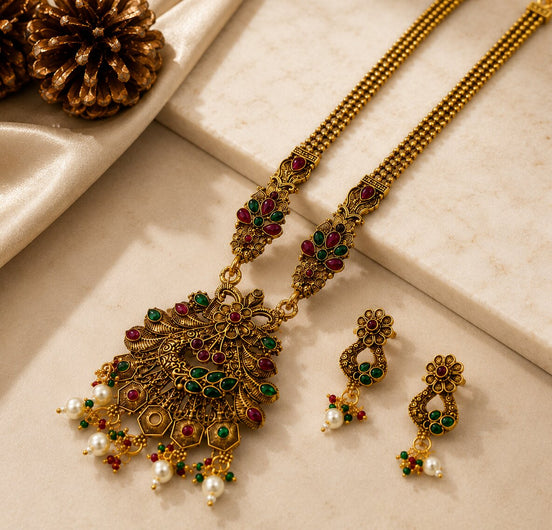 Matte Black Peacock Temple Design Necklace Set
