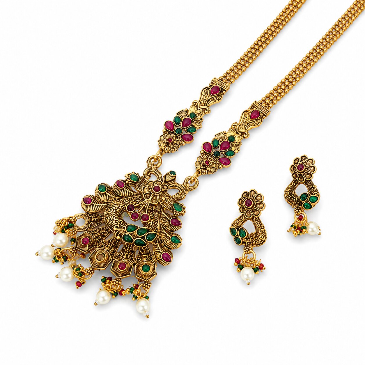 Matte Black Peacock Temple Design Necklace Set