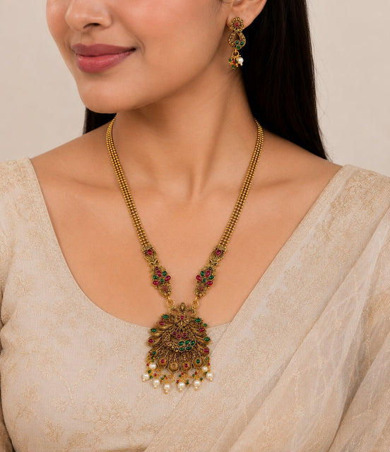 Matte Black Peacock Temple Design Necklace Set
