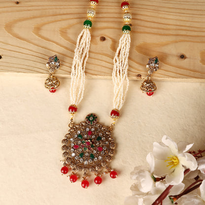 Traditional Multicolor Polki Kundan Moti Mala - Opal Touch