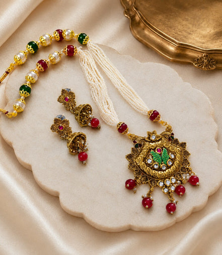 Gold Plated Antique Traditional Pearl Mala Necklace Set