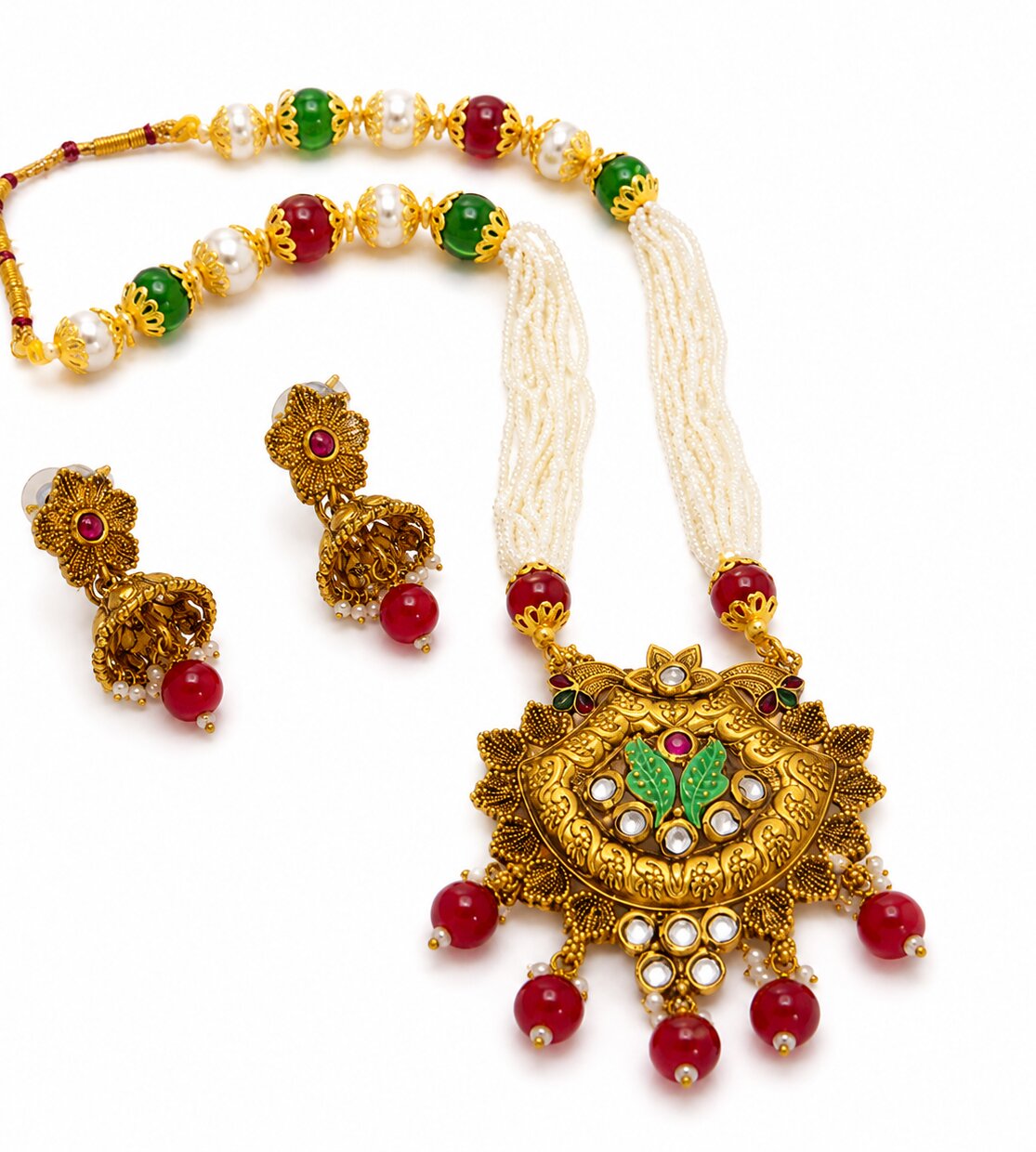 Gold Plated Antique Traditional Pearl Mala Necklace Set