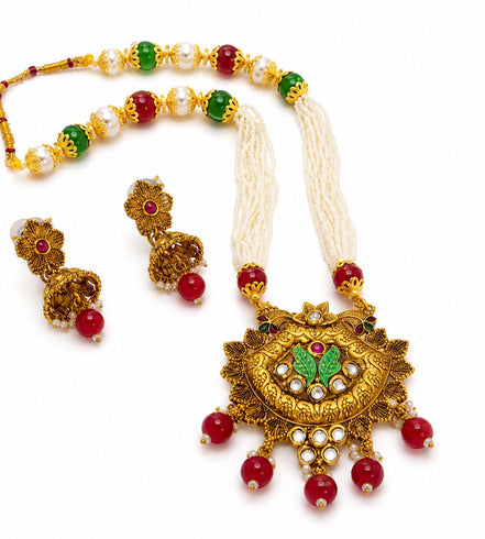 Gold Plated Antique Traditional Pearl Mala Necklace Set