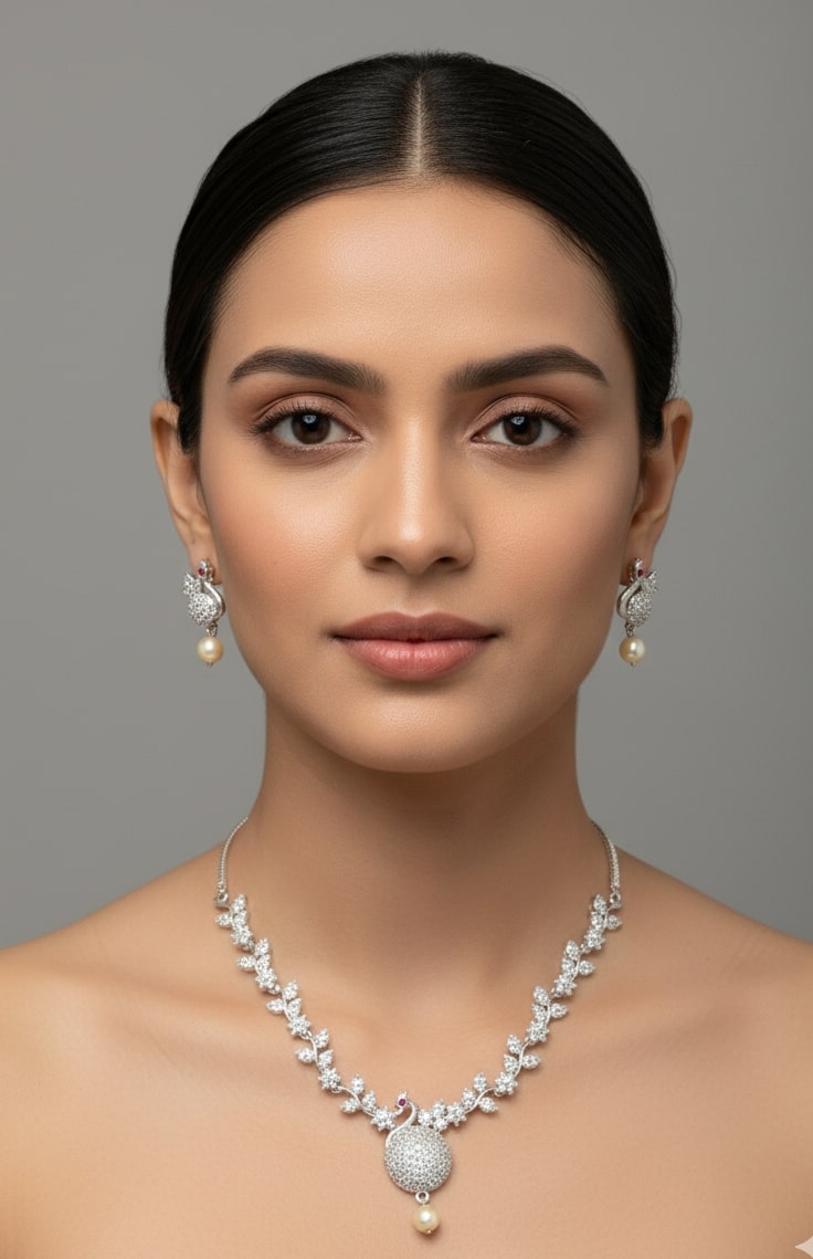 Traditional Rhodium Peacock Necklace Set