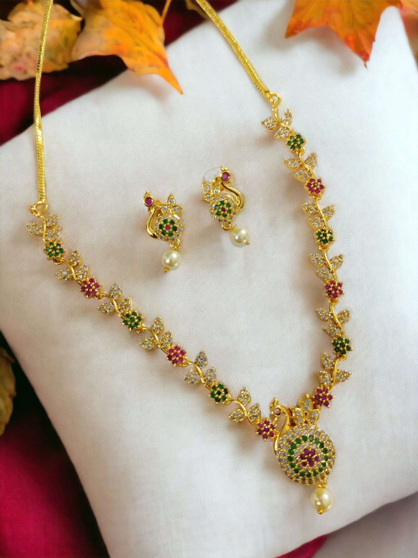 Traditional Gold Plated Peacock Necklace Set - Opal Touch