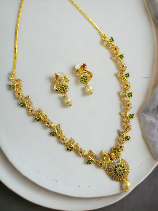 Traditional Gold Plated Peacock Necklace Set - Opal Touch