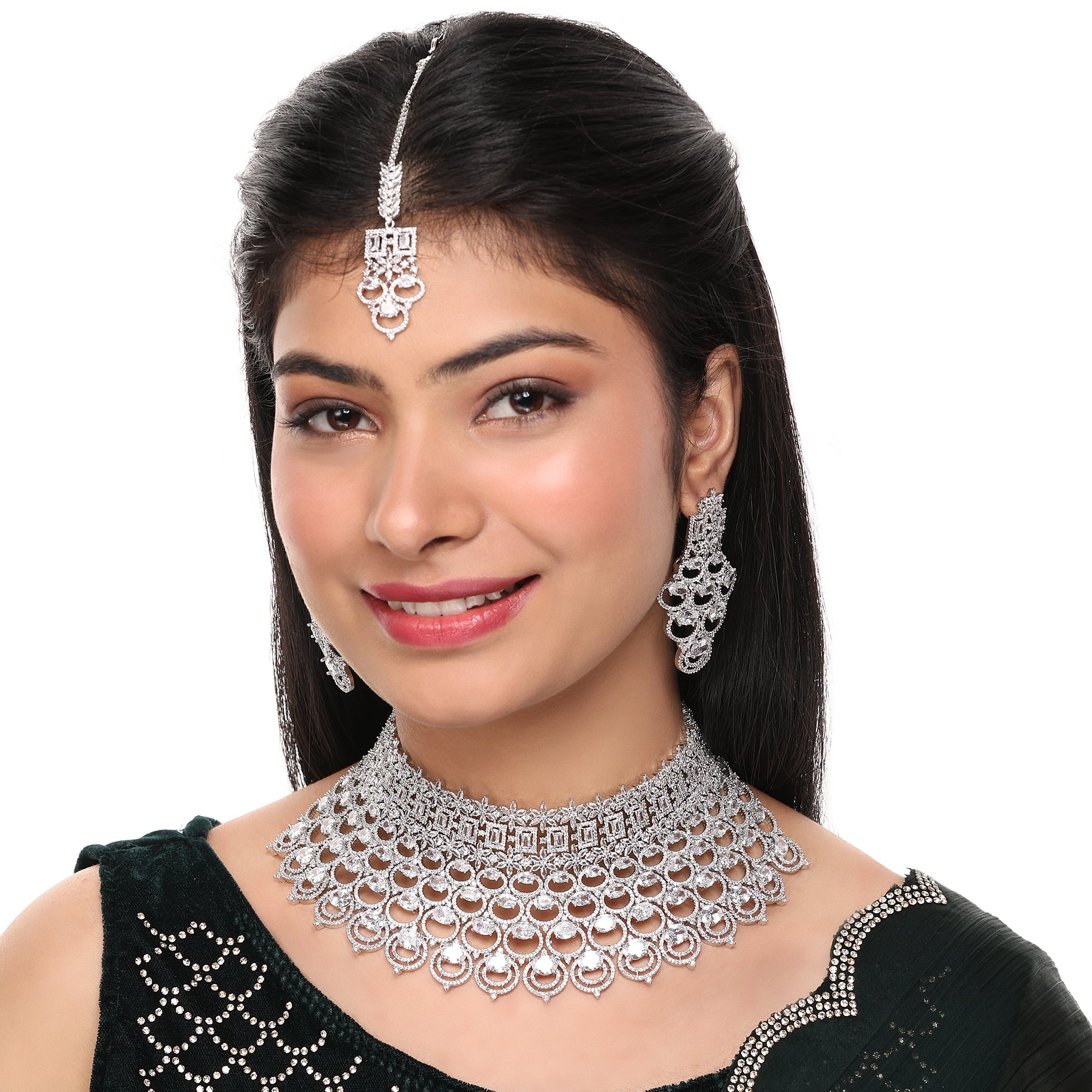 Bridal Cubic Zirconia Chocker Necklace Set With Tika