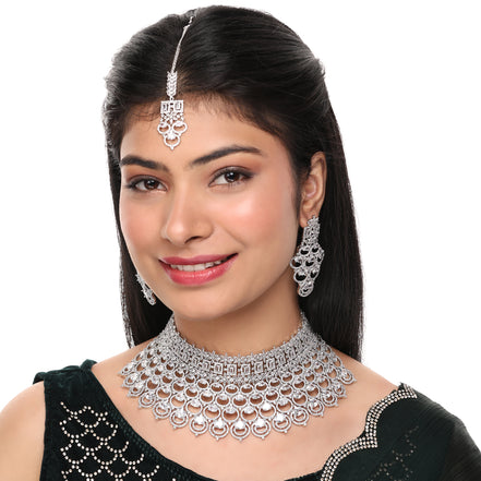 Bridal Cubic Zirconia Chocker Necklace Set With Tika