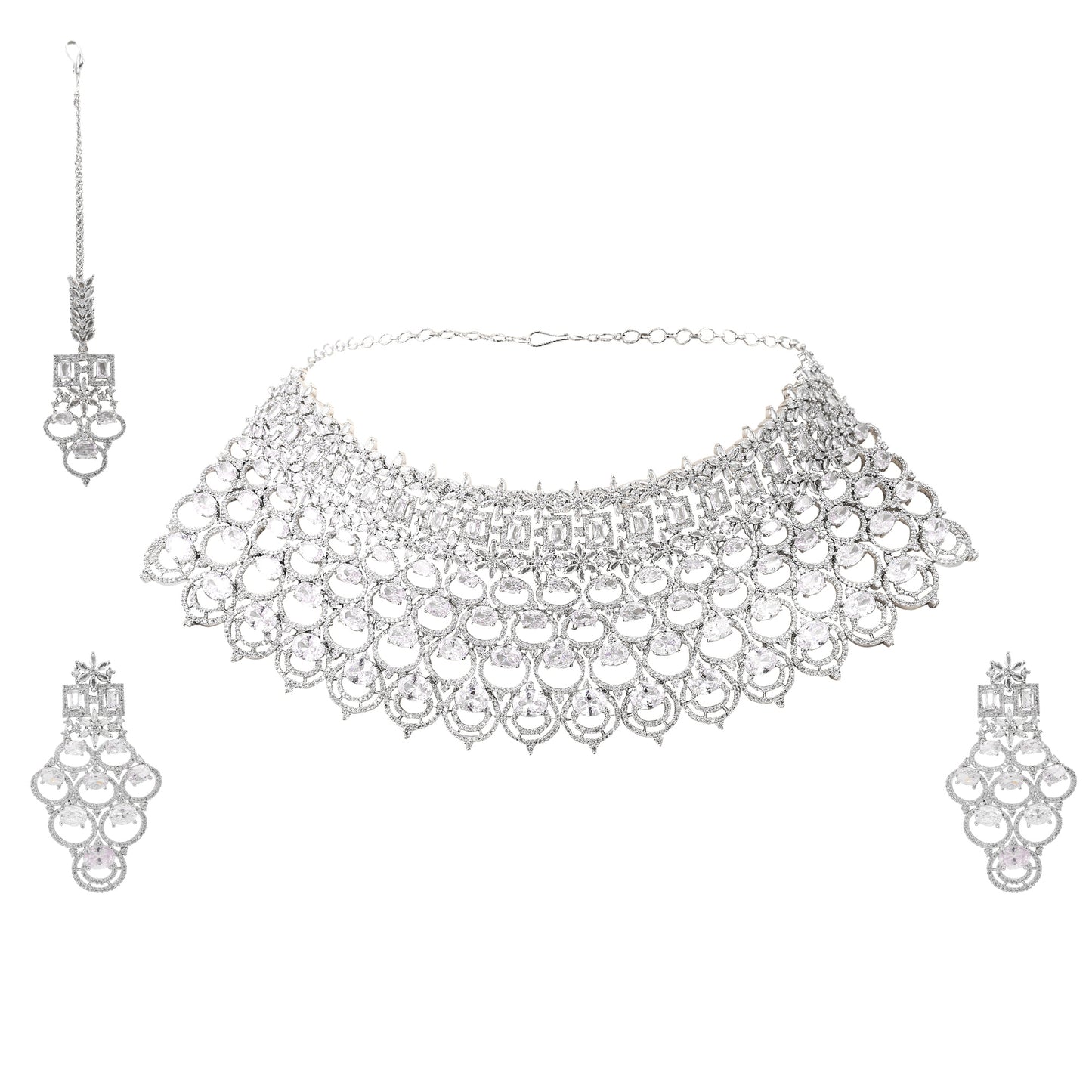 Bridal Cubic Zirconia Chocker Necklace Set With Tika