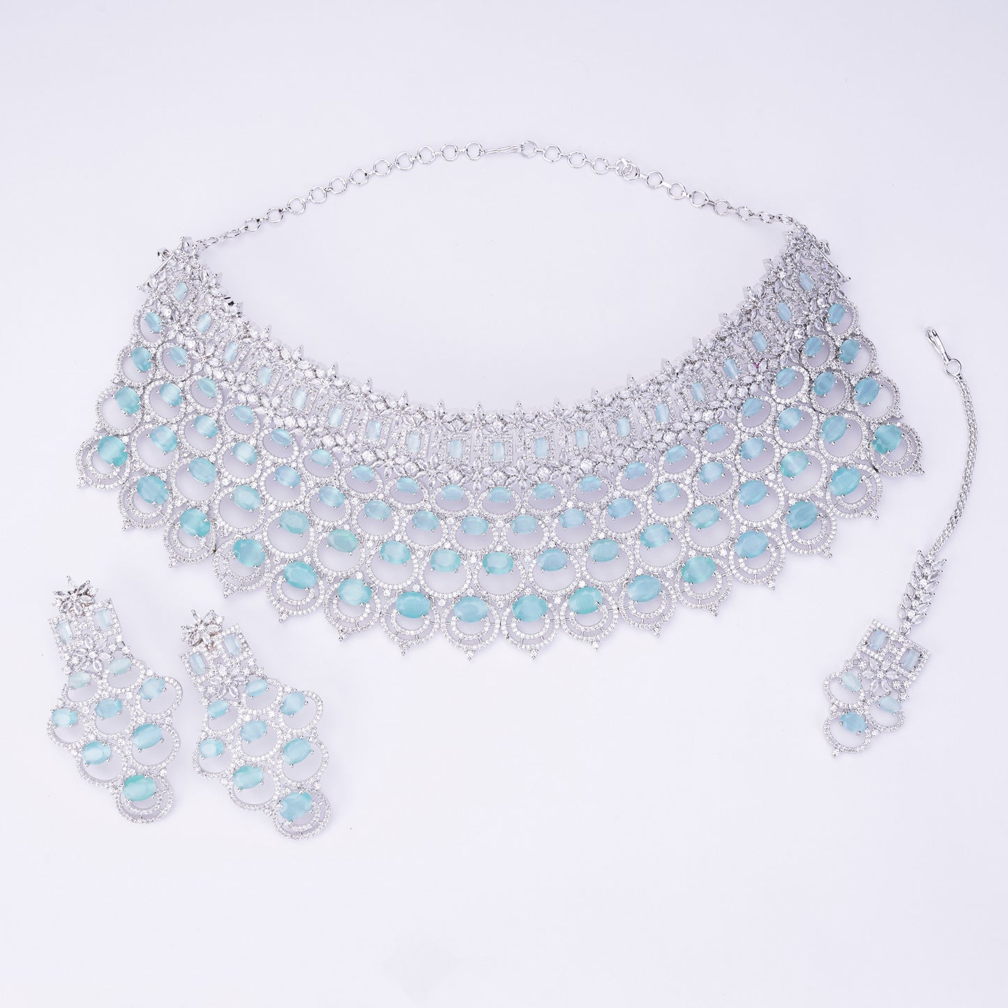 Bridal Cubic Zirconia Chocker Necklace Set With Tika