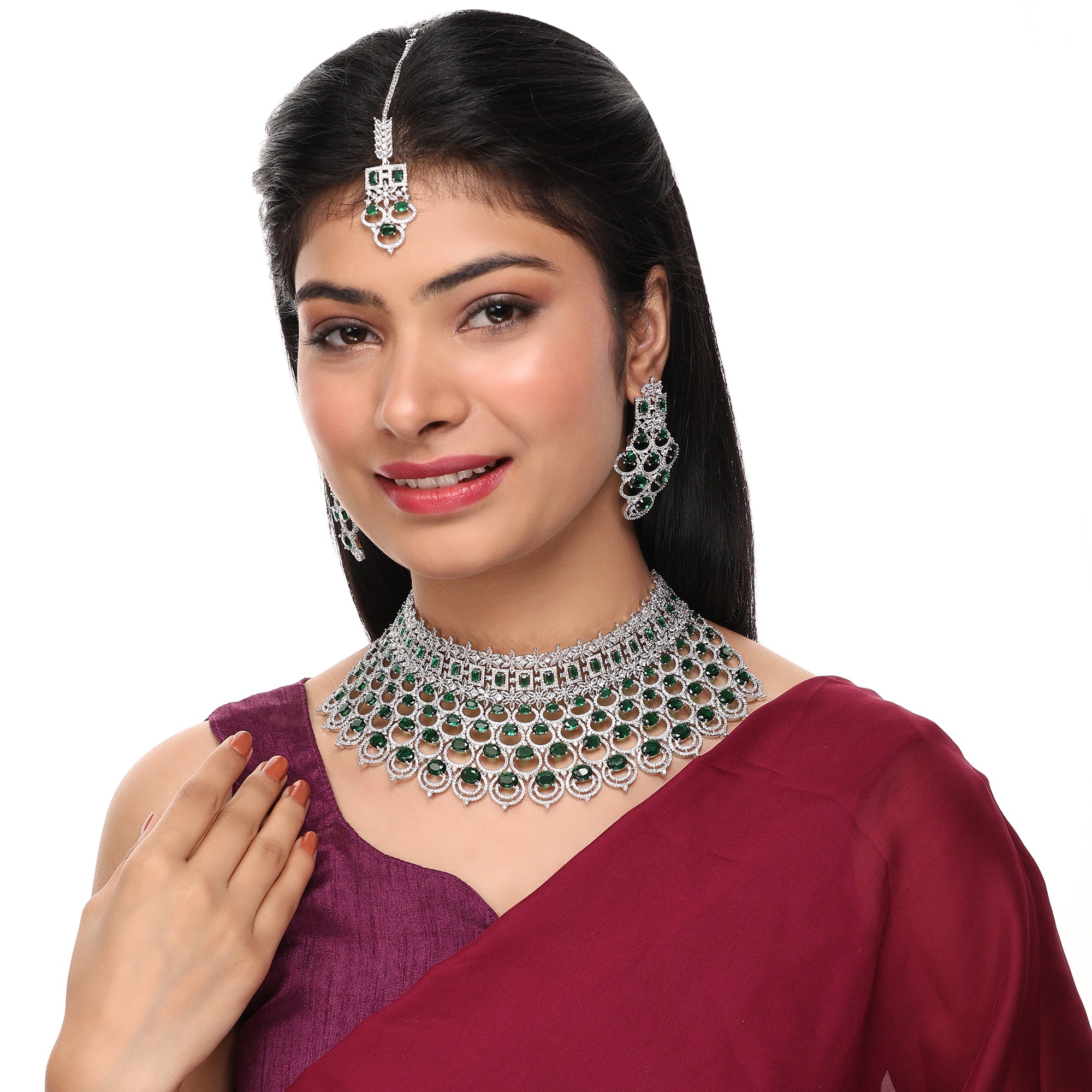 Bridal Cubic Zirconia Chocker Necklace Set With Tika