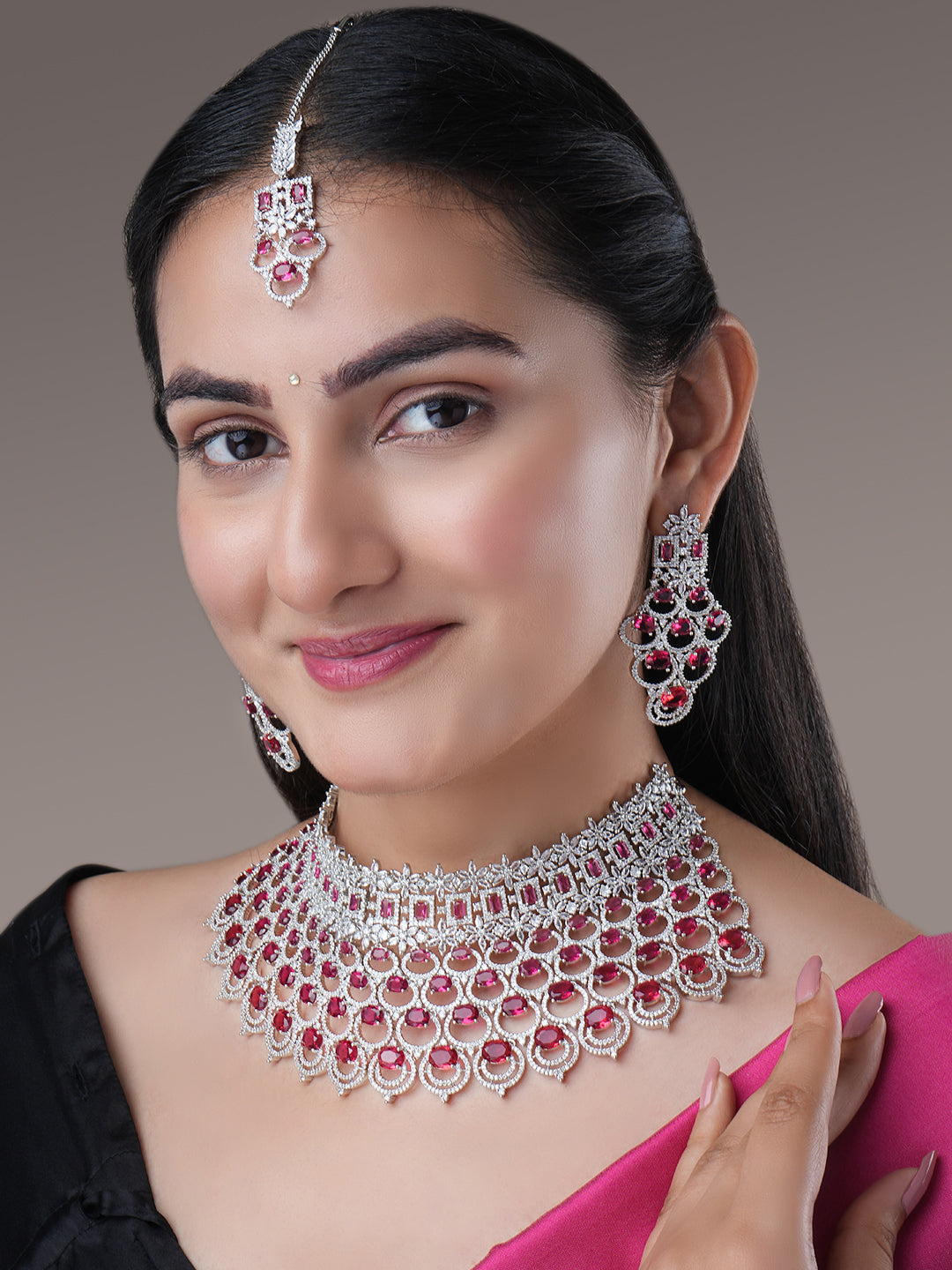 Bridal Cubic Zirconia Chocker Necklace Set With Tika