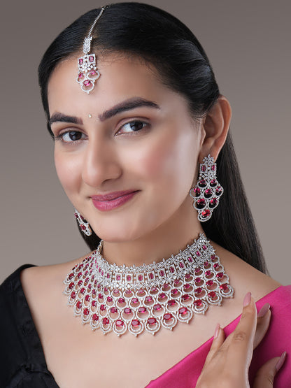 Bridal Cubic Zirconia Chocker Necklace Set With Tika