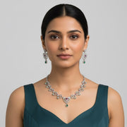 Rhodium Plated Peacock Floral Necklace Set with CZ Stones