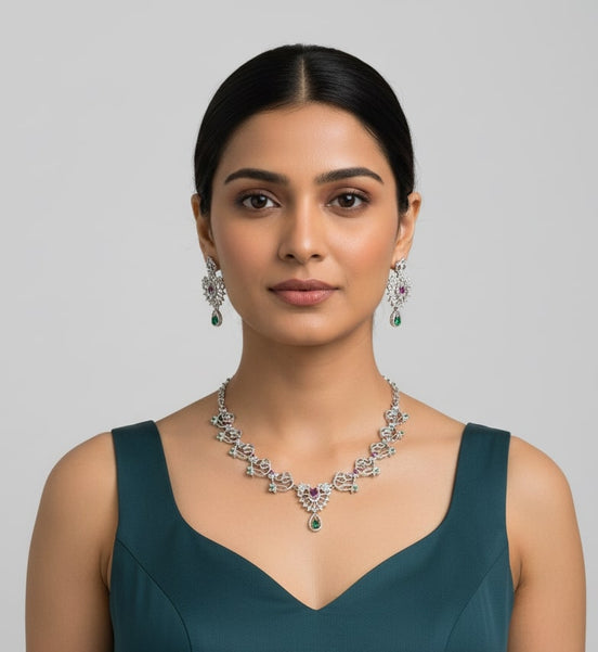Rhodium Plated Peacock Floral Necklace Set with CZ Stones