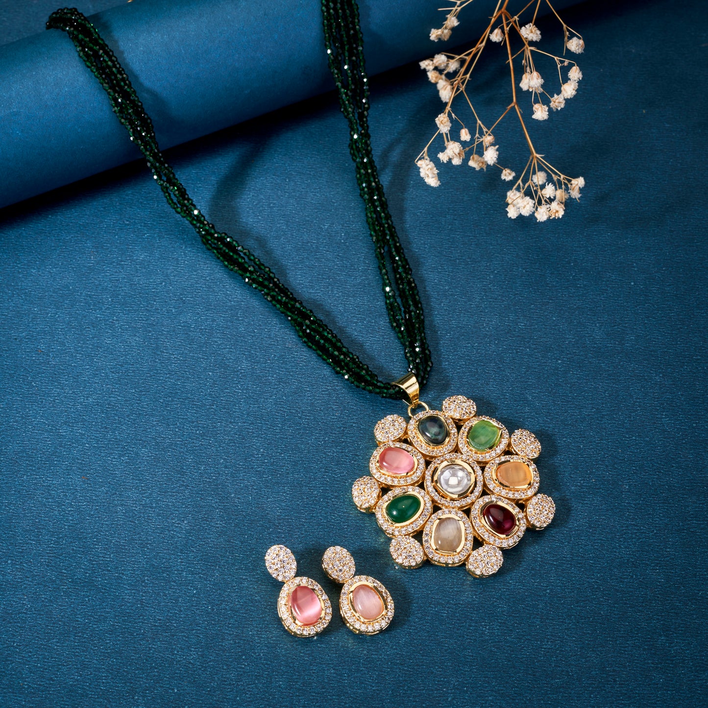 Multi-Gemstone & Kundan Pendant Set with Beaded Chain & Earrings