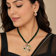 Gold Plated American Diamond Kundan Design Multi Stone Pendant Necklace Set with Beaded Chain