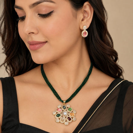 Gold Plated American Diamond Kundan Design Multi Stone Pendant Necklace Set with Beaded Chain