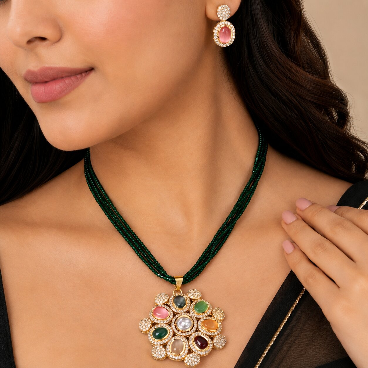 Gold Plated American Diamond Kundan Design Multi Stone Pendant Necklace Set with Beaded Chain