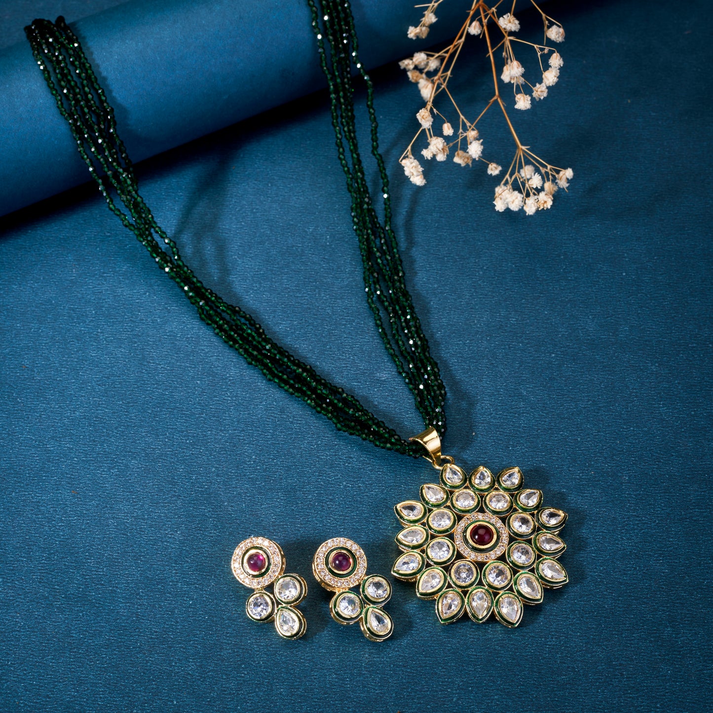 Floral Gemstone & Kundan Pendant Set with Beaded Chain & Earrings