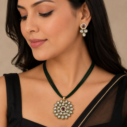 Gold Plated Mandala Design Kundan American Diamond Pendant Necklace Set with Multi-Strand Beaded Chain