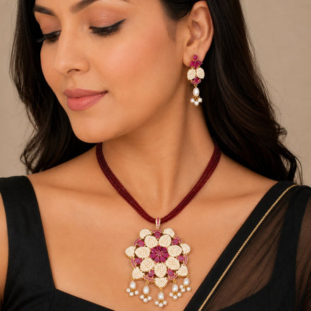 Gold Plated Floral Mandala Design Pearl Beaded Pendant Necklace Set with Multi-Strand Beaded