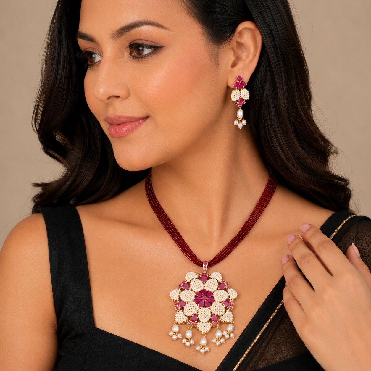 Gold Plated Floral Mandala Design Pearl Beaded Pendant Necklace Set with Multi-Strand Beaded